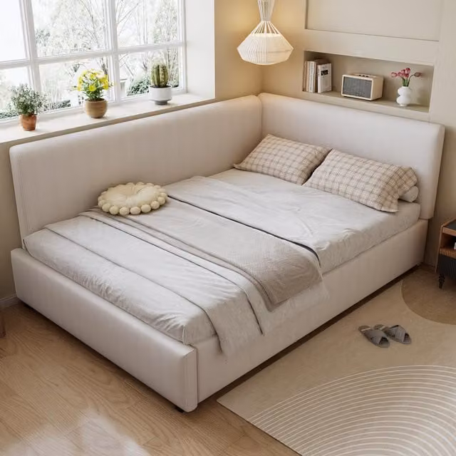 Aosom UK Beige Upholstered Double Bed Frame with Integrated Side Rails, L: 194 cm, W: 146.5 cm, H: 82.5 cm