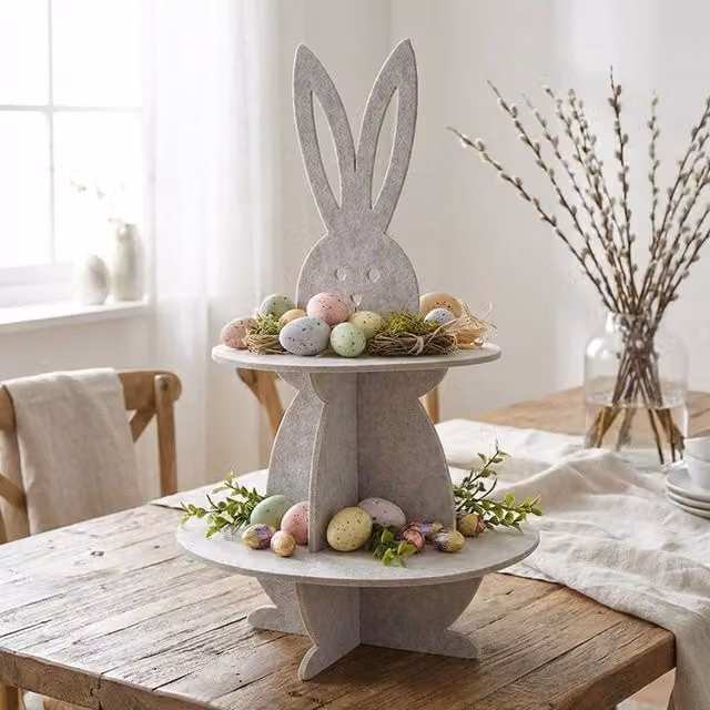 Garden Greatness Springtime Felt Rabbit Tabletop Display Stand in Grey