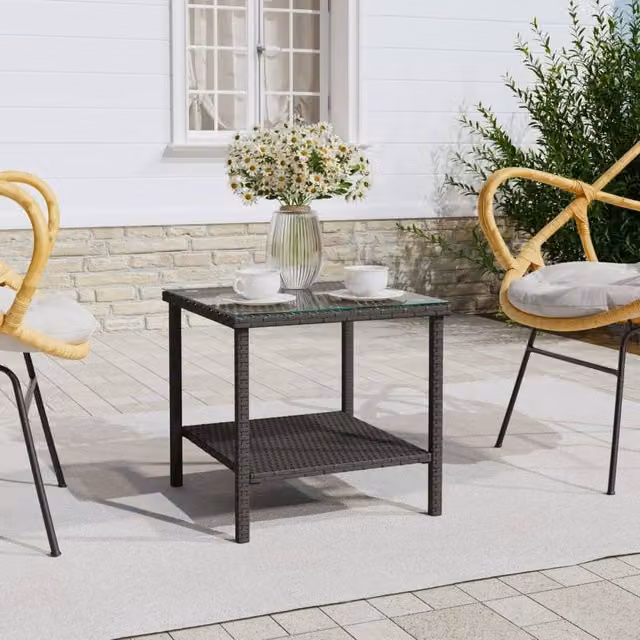 Berkfield Home Black Poly Rattan and Tempered Glass Side Table W/D/H: 45 x 45 x 45 cm