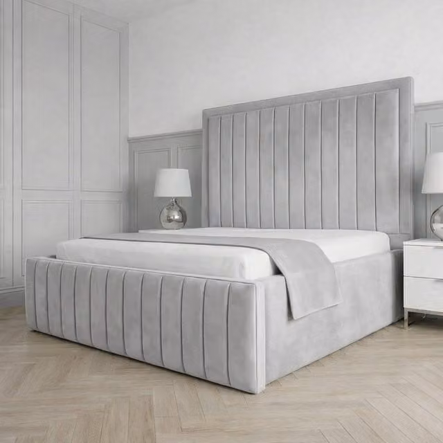 Living Comfort Bedz Sovereign Plush Velvet Upholstered Bed with Slatted Base and 48 Inch Headboard in Silver, Single Size