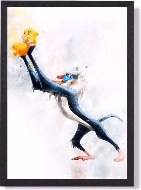 ARTZE Rafiki Watercolour Lion King Framed Print, Dark Blue and Black, A3