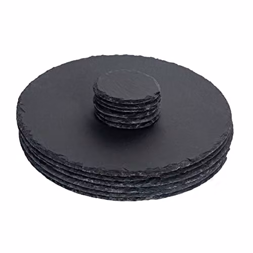 Argon Tableware Round Slate Placemats and Coasters Set, Grey, Diameter: 33 cm