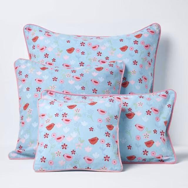 Homescapes Floral Cotton Square Cushion Cover in Blue, W: 60 cm x H: 60 cm