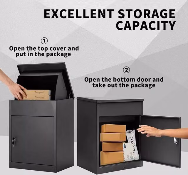 FLAVORA Lockable Wall Mounted Outdoor Parcel Box in Black Galvanised Steel, Width: 50 cm