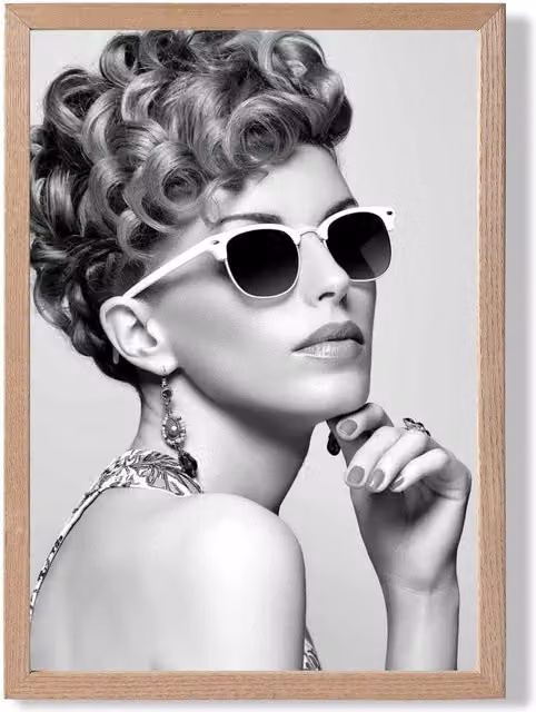 ARTZE Girl with Sunglasses Black and White Fashion Photo Framed Print with Oak Frame, A3