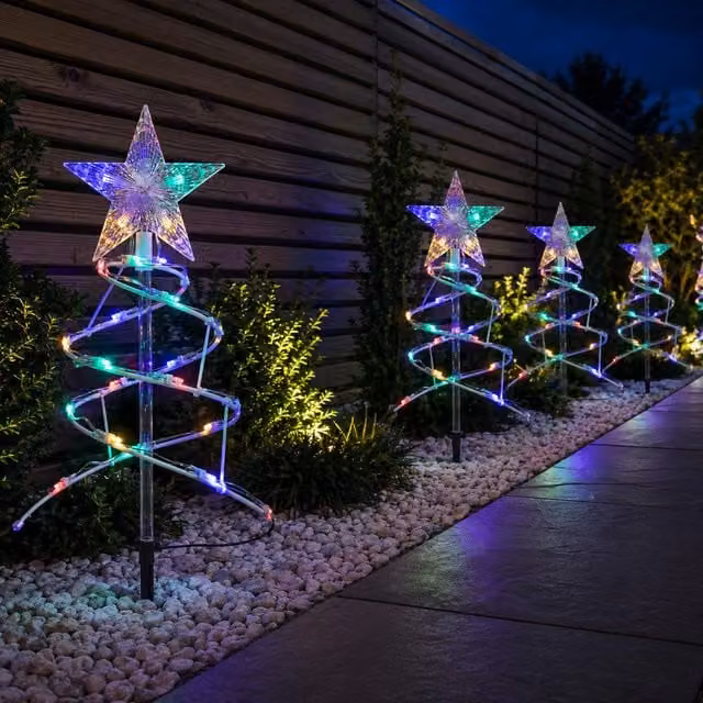 Samuel Alexander Set of 4 White Spiral Christmas Tree Garden Path Lights with 100 Multi-Colour LEDs, Height: 45 cm