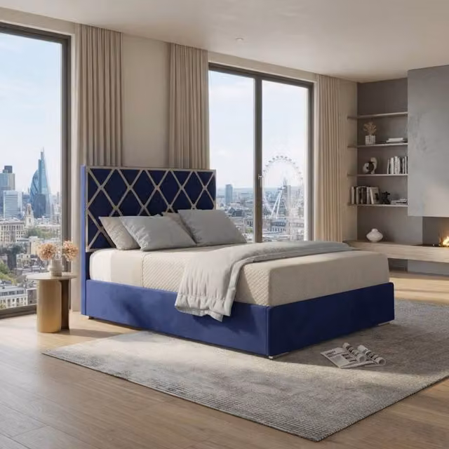KDMD Tredington Blue Velvet and Metal Designer Bed Frame, W/D/H: 120 x 127 x 128 cm