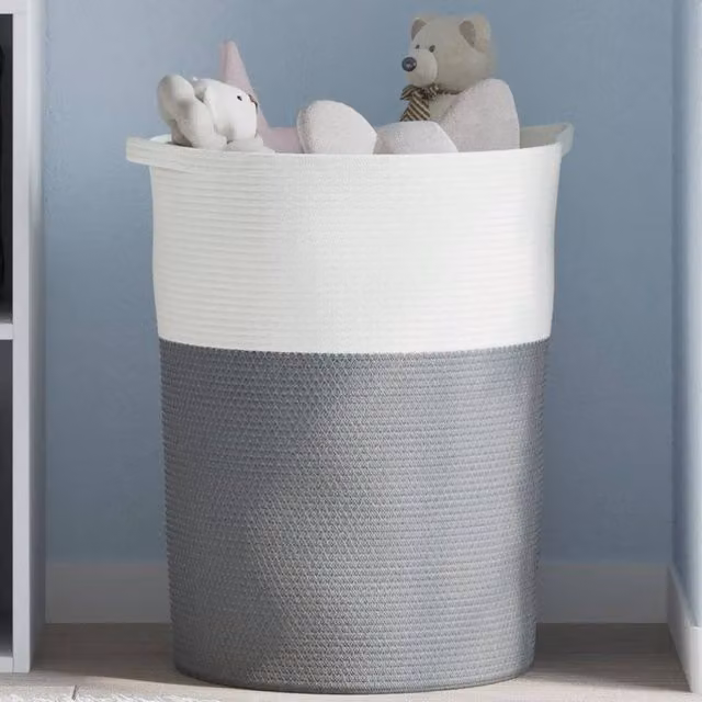 Berkfield Grey and White Open Weave Cotton Storage Basket with Handles, W: 49 cm, H: 65 cm
