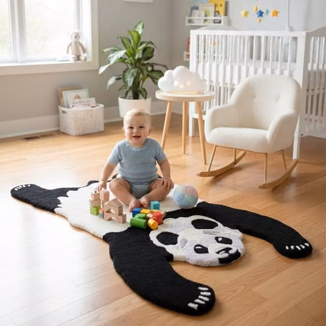 Orsina Kids Panda Hand-Tufted Round Rug in Black and White, Diameter: 100 cm