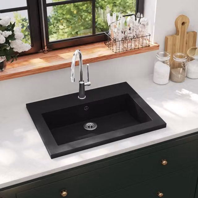 Berkfield Home Granite Composite Rectangular Basin in Black, W/D/H: 60 x 45 x 12 cm