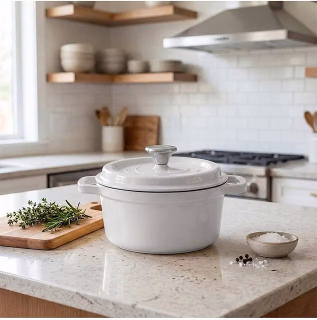 Living and Home Enamelled Cast Iron Casserole Dutch Oven Pot with Glass Lid, White, 5 l