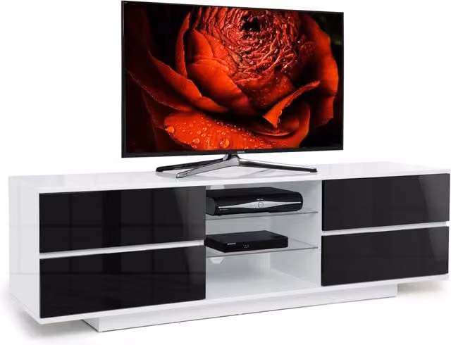 AVITUS Modern Glossy TV Cabinet in White, Black and Multicolour with Glass, W/D/H: 158.0 x 40.0 x 48.0 cm