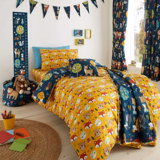 Happy Linen Company Reversible Woodland Animals Kids Duvet Cover and Pillowcase Set, Blue and Multicolour, Duvet Cover 200 x 200 cm, Pillowcase 50 x 70 cm