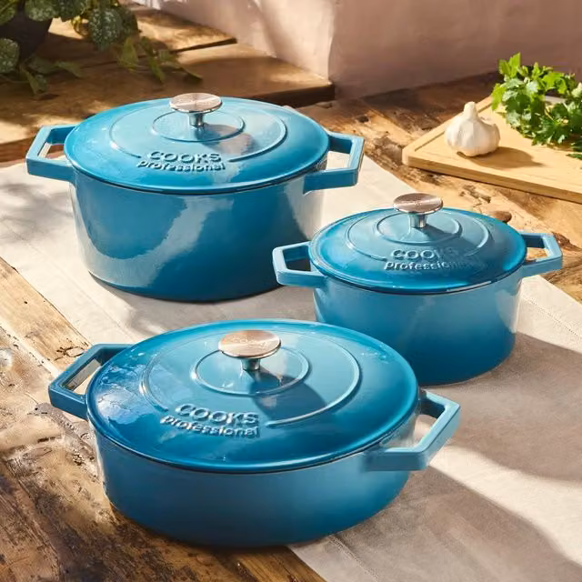 Cooks Professional Set of 3 Enamelled Cast Iron Casserole Dishes with Lids in Teal
