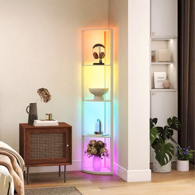 HOMCOM RGB LED Floor Lamp with Shelves and Remote Control in Oak and Yellow