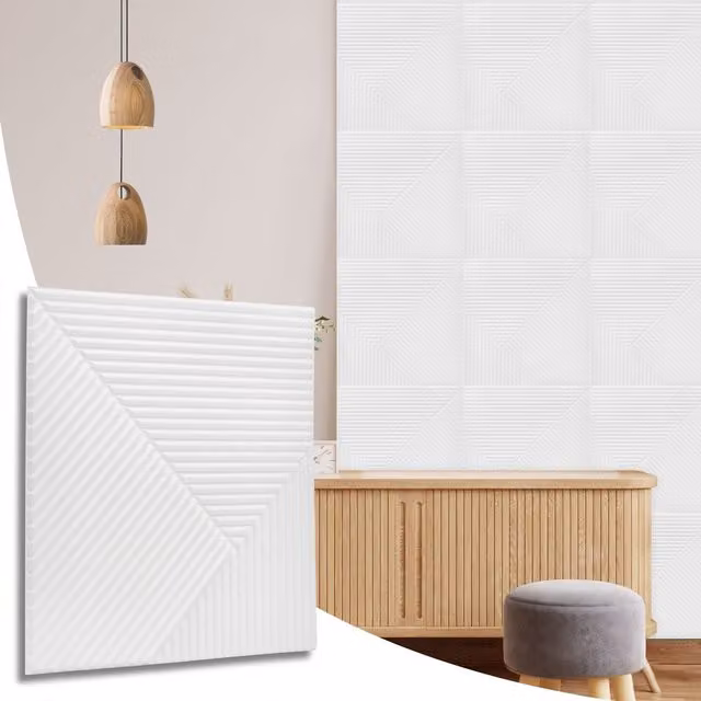 NOVECRAFTO Matte White 3D PVC Wall Panels with Chevron Line Design, W/D/H: 50 x 50 x 0.25 cm
