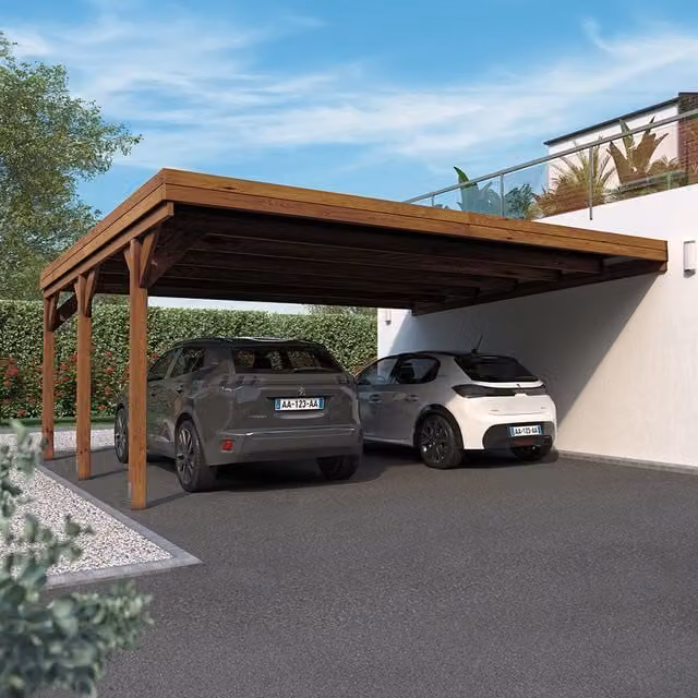 Cerland Victor Brown Wooden Lean-to Double Carport with Polycarbonate Roof and Concrete Supports