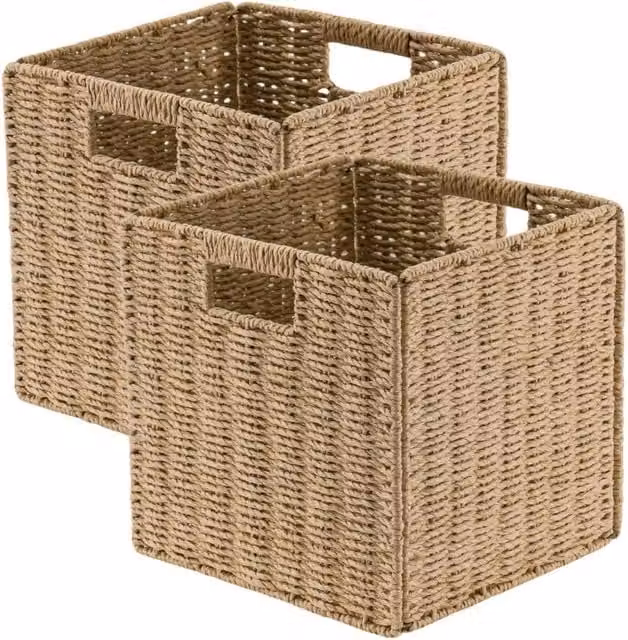 Kelvenix Set of 2 Foldable Seagrass Storage Baskets with Handles in Beige and Sand