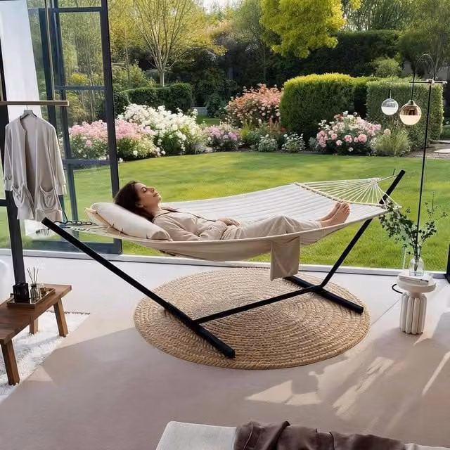 London Boutique Double Hammock with Stand and Cushions in Beige