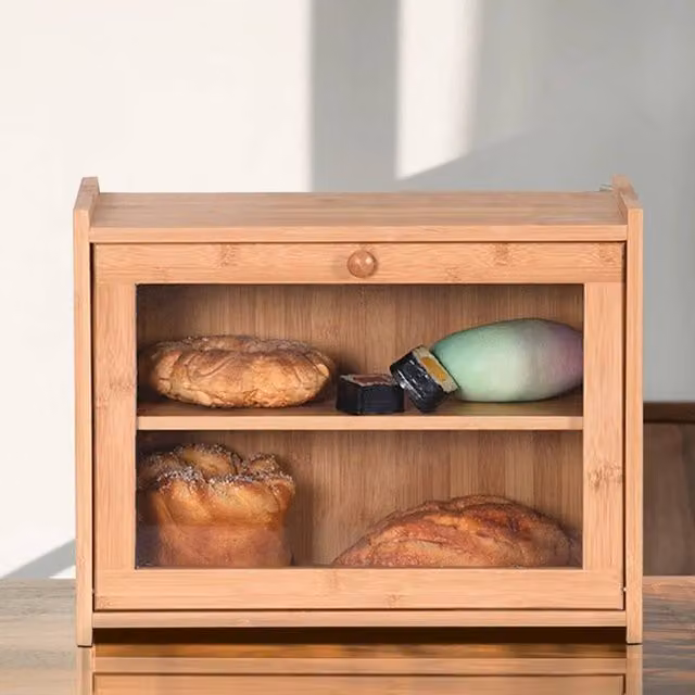 EONLION Double Decker Wooden Bread Bin with Clear Front in Natural Brown, Stackable Bamboo and Wood Loaf Storage