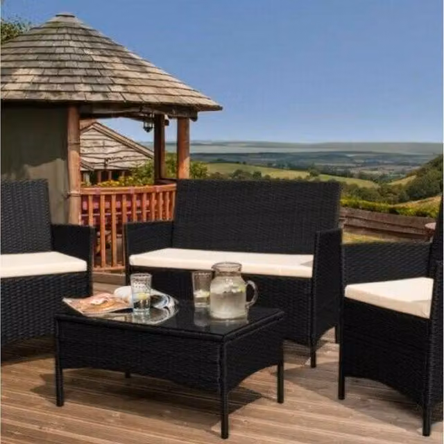 Comfy Living 4 Piece Black Polyrattan Garden Furniture Set with Upholstered Cushions and Weather Cover