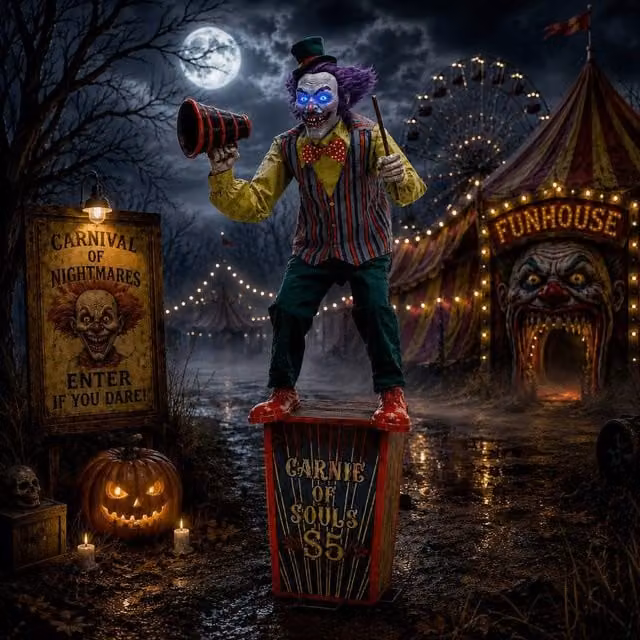 Samuel Alexander 6ft Servo Carnival Barker Halloween Animatronic with Glowing Digi-Eyes and Multicolour Striped Textile Design