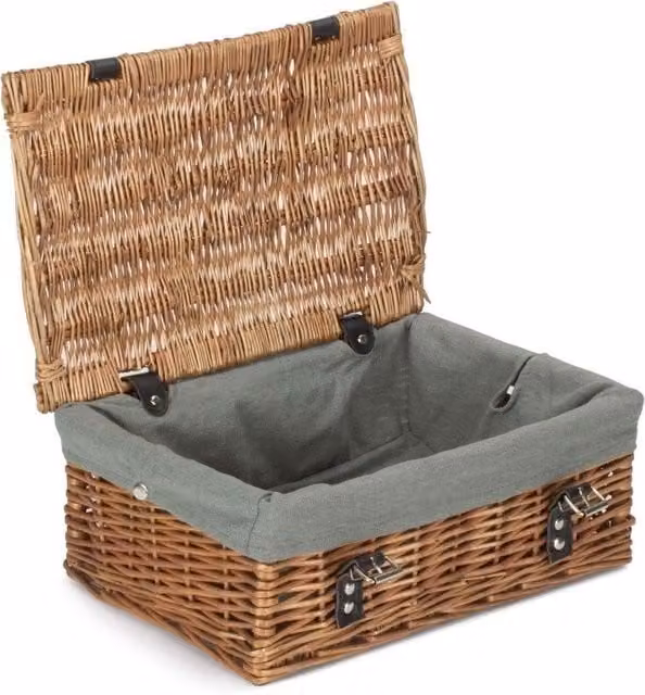Red Double Steamed Wicker Hamper Basket with Grey Cotton Lining and Handles, Diameter: 35 cm