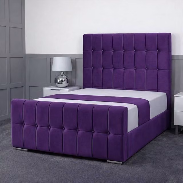 Living Comfort Bedz Belmont Double Plush Velvet Upholstered Bed with Slatted Base and 48 Inch Headboard in Purple