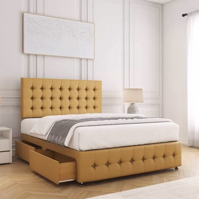 BSSPOKE Eva Plush Velvet Divan Bed with 24 inch Headboard, Footboard, 4 Drawers and Mattress in Mustard, King Size (W/D/H: 180 x 200 cm)