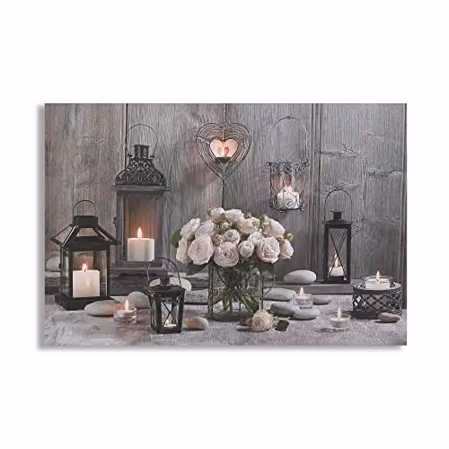 Art For The Home Cosy Cottage LED Printed Canvas Wall Art in Brown, Grey and Pink