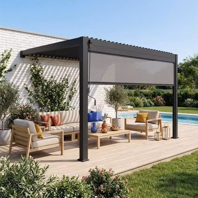 sweeek Lean-to Aluminium Pergola with Louvered Roof and 4m Blind in Dark Grey, W: 4 m, D: 3 m, H: 2.55 m