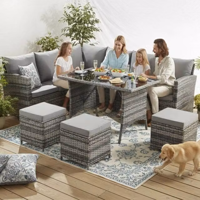 BIRCHTREE 7 Piece Grey Polyrattan Garden Furniture Set with 9 Seat L-Shape Sofa, Ottoman and Coffee Table