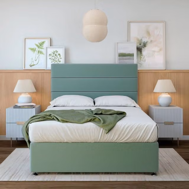 Bedmaster Plush Velvet Divan Base with Storage Drawers and Lined Headboard in Duck Egg Blue, W/D/H: 180 x 200 x 38 cm