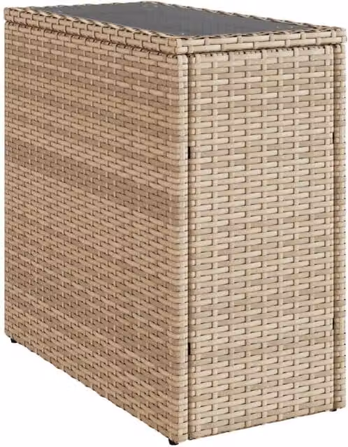 Berkfield Home Garden Side Table with Glass Top, Beige Poly Rattan, W/D/H: 58 x 27.5 x 55 cm