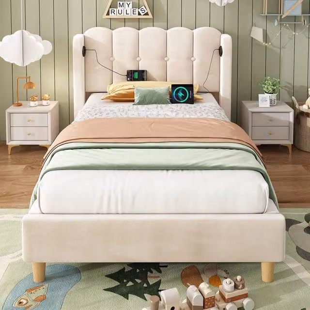 Merax Single Upholstered Velvet Bed Frame with Wingback and USB Charging Station, Beige, W/D/H: 90 x 190 cm