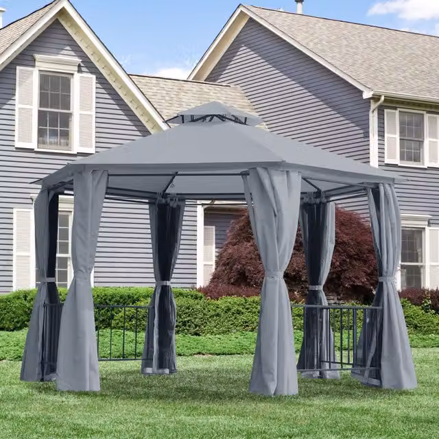 Outsunny 2 Tier Gazebo Canopy Party Tent in Grey with Steel Frame, W/D/H: 390 x 331 x 286 cm