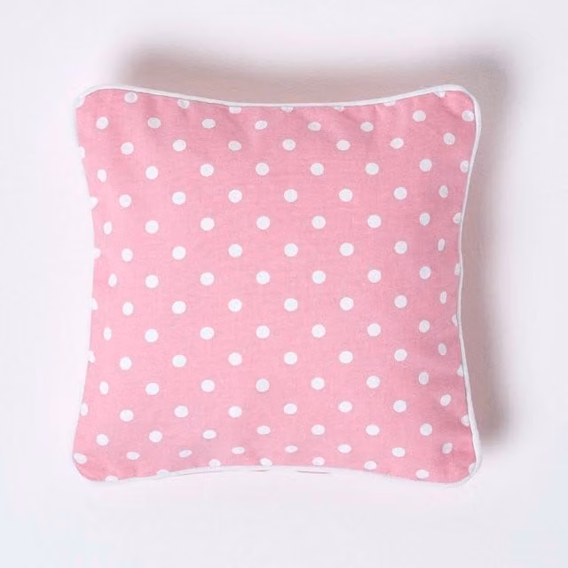 Homescapes Pink Cotton Polka Dot Square Cushion Cover, W/D/H: 30 x 30 x 1 cm
