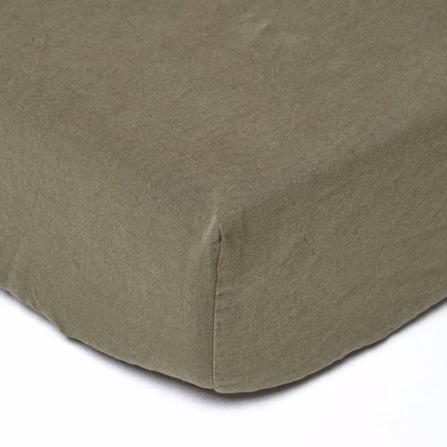 Homescapes Linen and Combed Cotton Fitted Sheet, Green, W/D/H: 120 x 200 cm