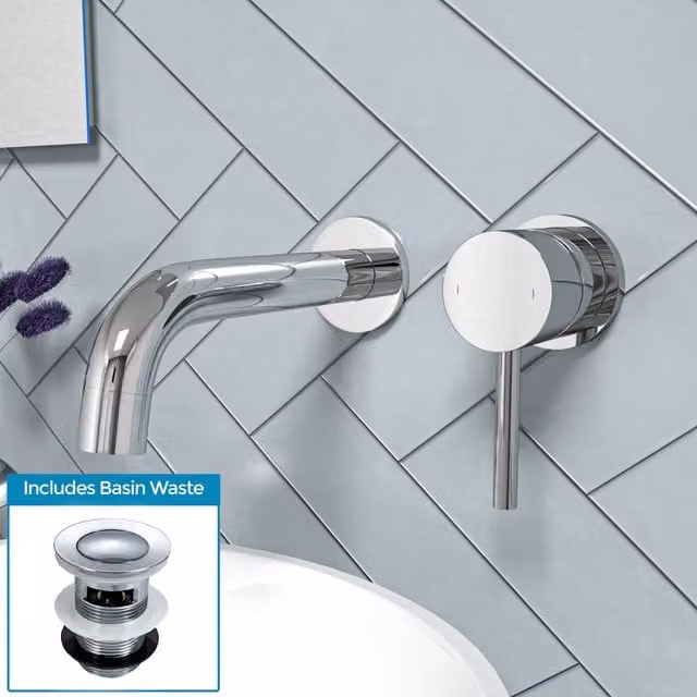 Nes Home Remy Wall Mounted Curved Spout Basin Mono Mixer Tap with Pop Up Waste, Chrome Silver