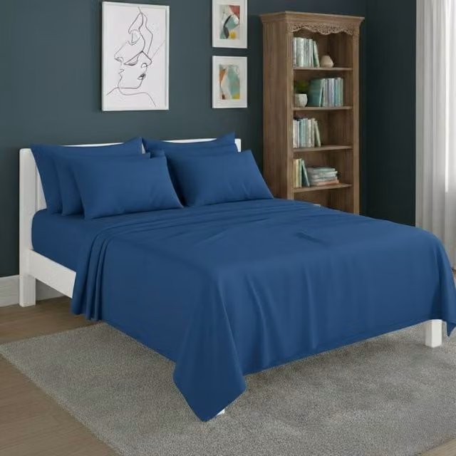 Snug City Mid Blue Plain Poly Cotton Easy Care Fitted Sheet and Matching Pillowcases Set, Super King