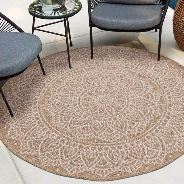 Desire Rugs Modern Harper Floral Design Round Waterproof Indoor-Outdoor Rug in Cream, Beige and White