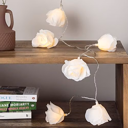 Lights4fun 20 Warm White LED Juliet Rose Fairy Lights in White and Transparent Fabric