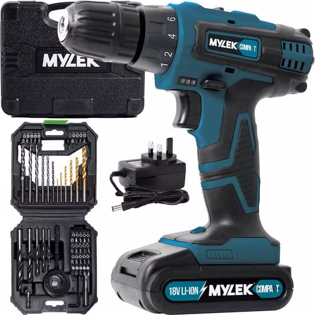 MYLEK 2 Speed Cordless Drill BMC in Green with Carry Case and 56 Piece Accessory Kit