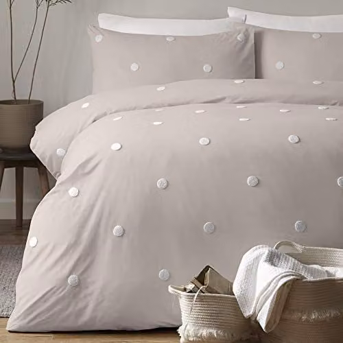 Appletree Dot Garden 100% Cotton Dotted Duvet Cover and Pillowcase Set in White and Beige, W/H: 200 x 200 cm