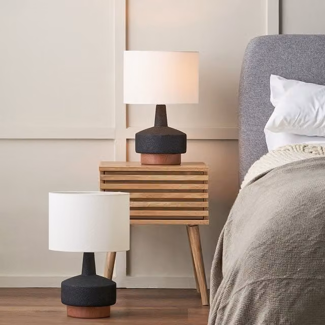 Pacific Lifestyle Set of 2 Elio Textured Ceramic Table Lamps in Black with Wood Effect