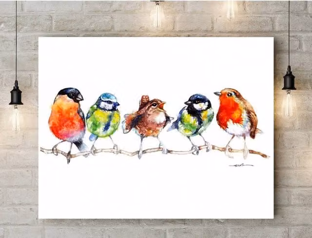 BebesArts Birds in a Row Canvas Wall Art, Red and Multicolour, W: 60.96 cm, H: 81.28 cm