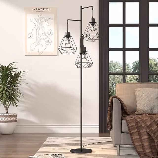 Lifeideas Industrial 3-Bulb Metal Floor Lamp with Black Cage Lantern Shades