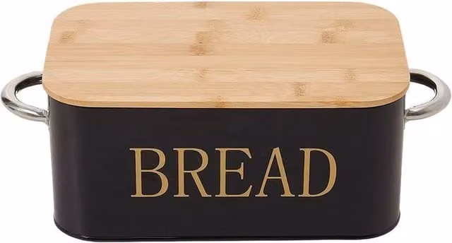 PAWNORA Black Metal Bread Bin with Bamboo Cutting Board Lid