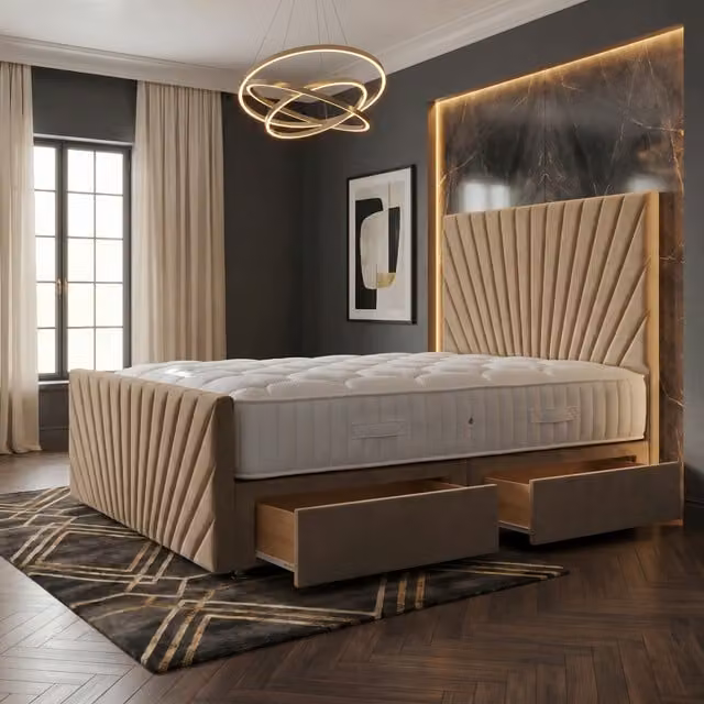 Somnior Beds Ltd Sunrise Velvet Divan Bed with Mattress and Drawers in Beige, Small Single, W/D/H: 90 x 190 cm