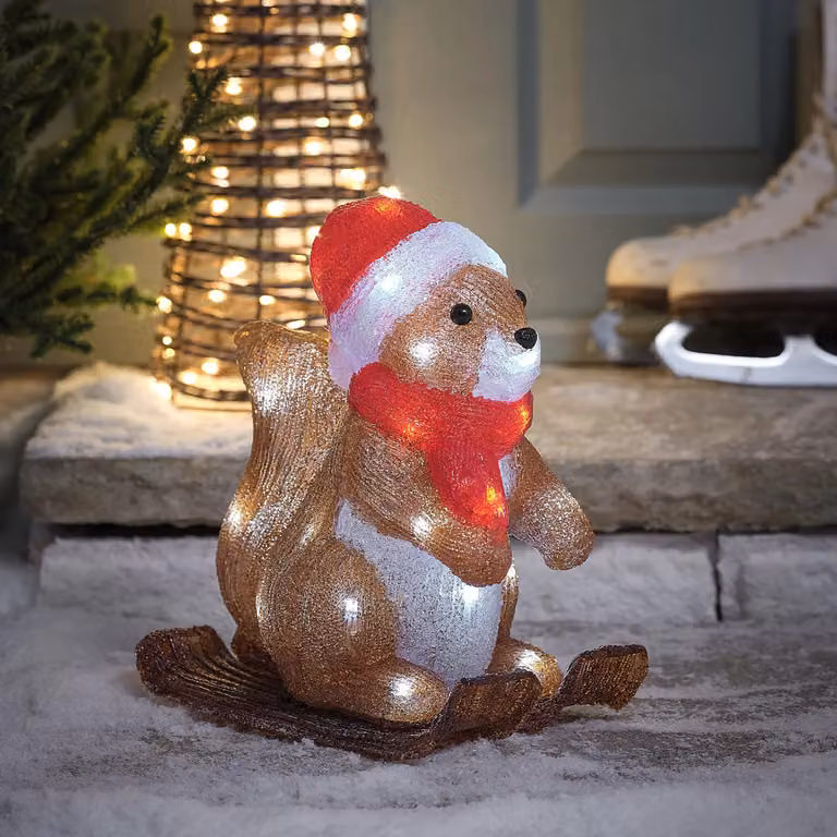 Lights4fun Skiing Squirrel LED Acrylic Christmas Tabletop Figure, Brown and White, Height: 29 cm